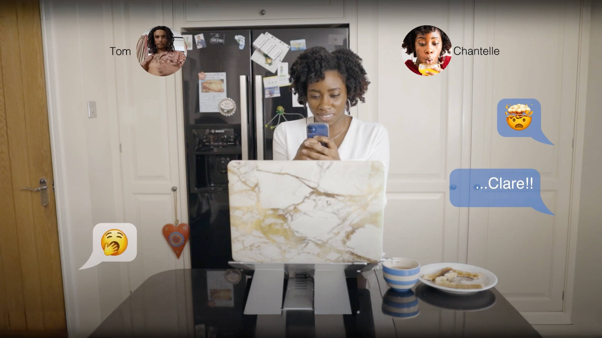 Preview still from A2Dominion customer service training drama showing a woman at her laptop receiving character messages on screen