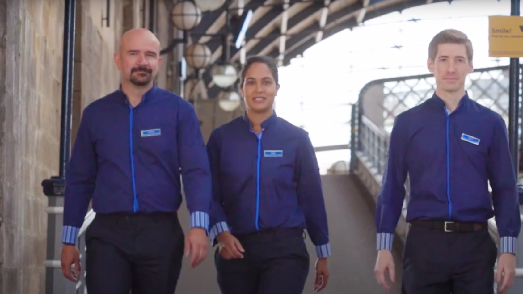 Scene from Lumo’s “Project Dave” staff training film produced by WIDEO.co.uk, filmed on location at a UK train station during the launch of Lumo’s new rail service.