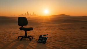 Dawn desert with a single office chair and clapperboard in the sand; distant city skyline.