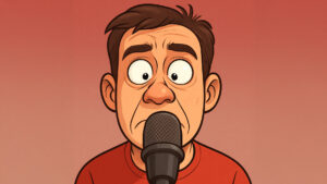 Cartoon-style illustration of a nervous person staring cross-eyed at a microphone, wide-eyed and unsure, framed closely for comic effect.