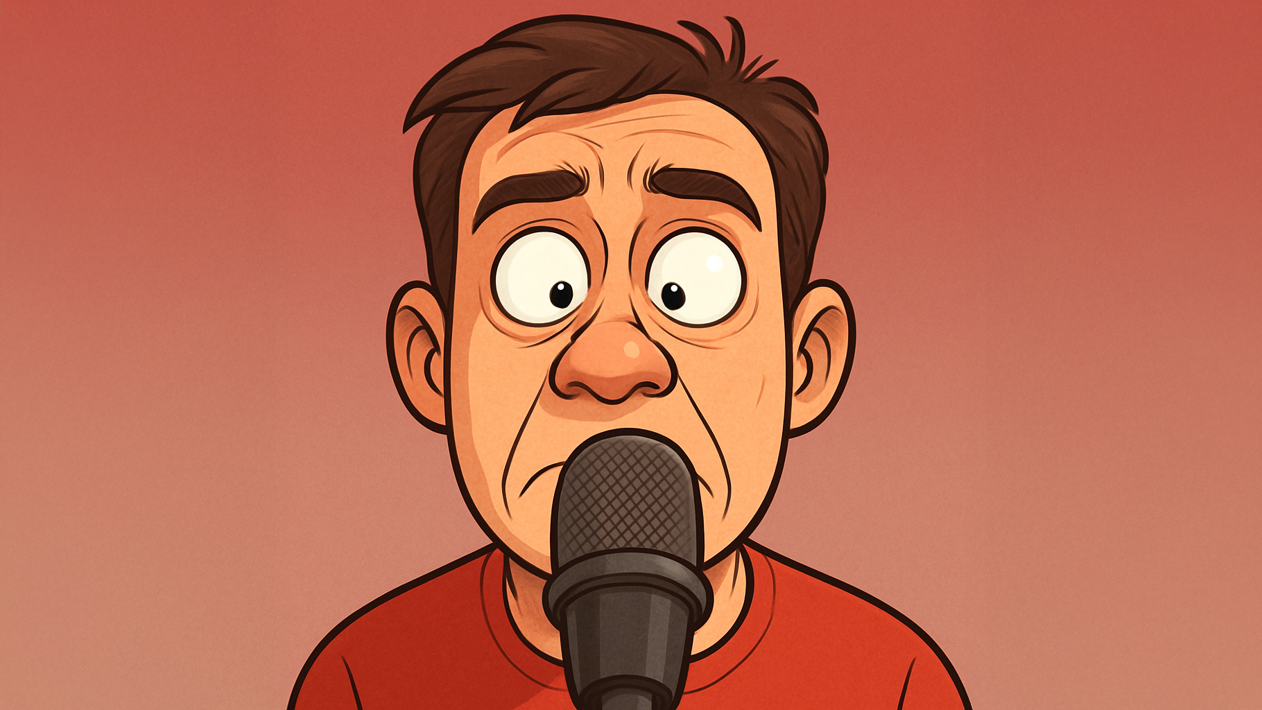 wideo-2025-10-camera-confidence_scared-of-microphone-cartoon-1920×1080 Cartoon-style illustration of a nervous person staring cross-eyed at a microphone, wide-eyed and unsure, framed closely for comic effect.