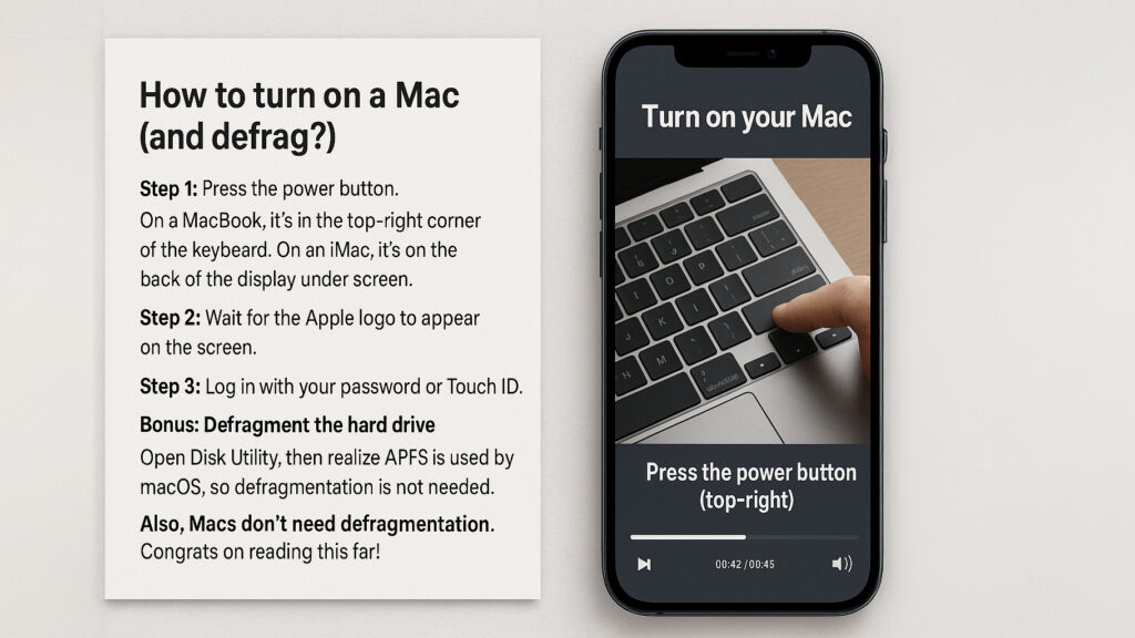 Split image: left shows a dense “How to turn on a Mac and defrag the hard drive” text ending “Macs don’t need defrag—congrats on reading this far!”; right shows a phone playing a 45-second captioned how-to video; headline reads “Show it. Short. Replayable.”