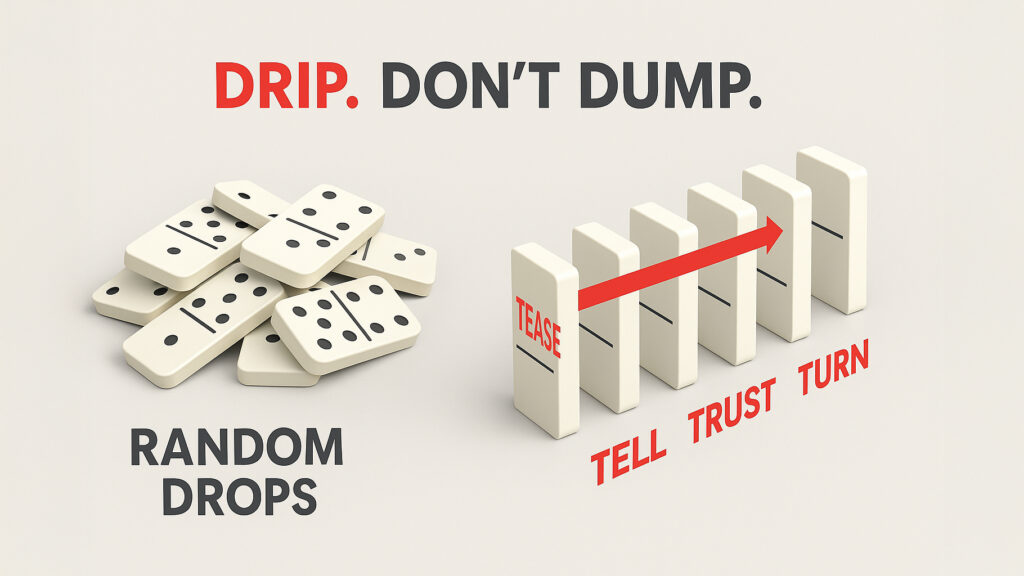 Pile of fallen dominos contrasted with a clean, labelled sequence TEASE→TELL→TRUST→TURN.