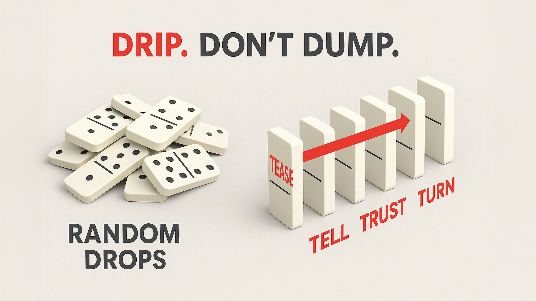 wideo-2025-10-short-video_strategy_domino-drip-dont-dump-1920×1080 Pile of fallen dominos contrasted with a clean, labelled sequence TEASE→TELL→TRUST→TURN.