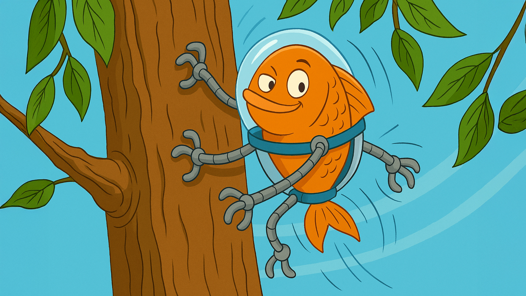 Cartoon fish using a quirky, multi-armed climbing machine to ascend a tree, looking proudly at the viewer — symbolising creativity, trust, and doing things your own way.