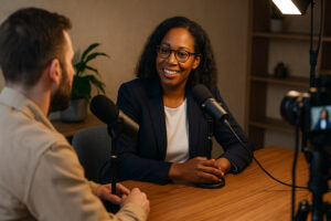 A professional Black woman in her 40s and a male guest record a podcast in a stylish, comfortable studio. Both look confident and engaged, surrounded by microphones, studio lights, and discreet cameras.