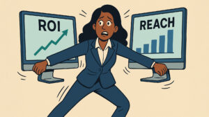 Professional woman holding two computer screens labelled ROI and REACH pulling in opposite directions — symbolising the stress of balancing video metrics.