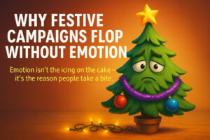 Pixar-style digital illustration of a Christmas factory assembly line producing lifeless festive ads, with one glowing heart-filled box symbolising emotion in marketing, created for the WIDEO.co.uk blog “Why Festive Campaigns Flop Without Emotion.”