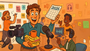 Cartoon illustration of a diverse creative team planning 2026 content with video cameras, podcast mics, and sticky notes on a whiteboard.