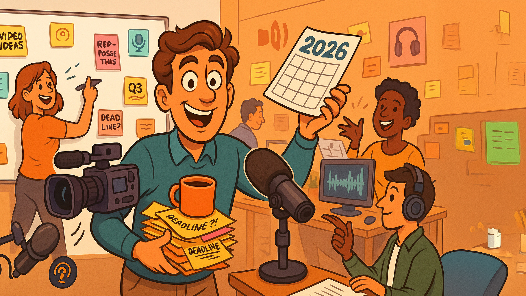 Cartoon illustration of a diverse creative team planning 2026 content with video cameras, podcast mics, and sticky notes on a whiteboard.