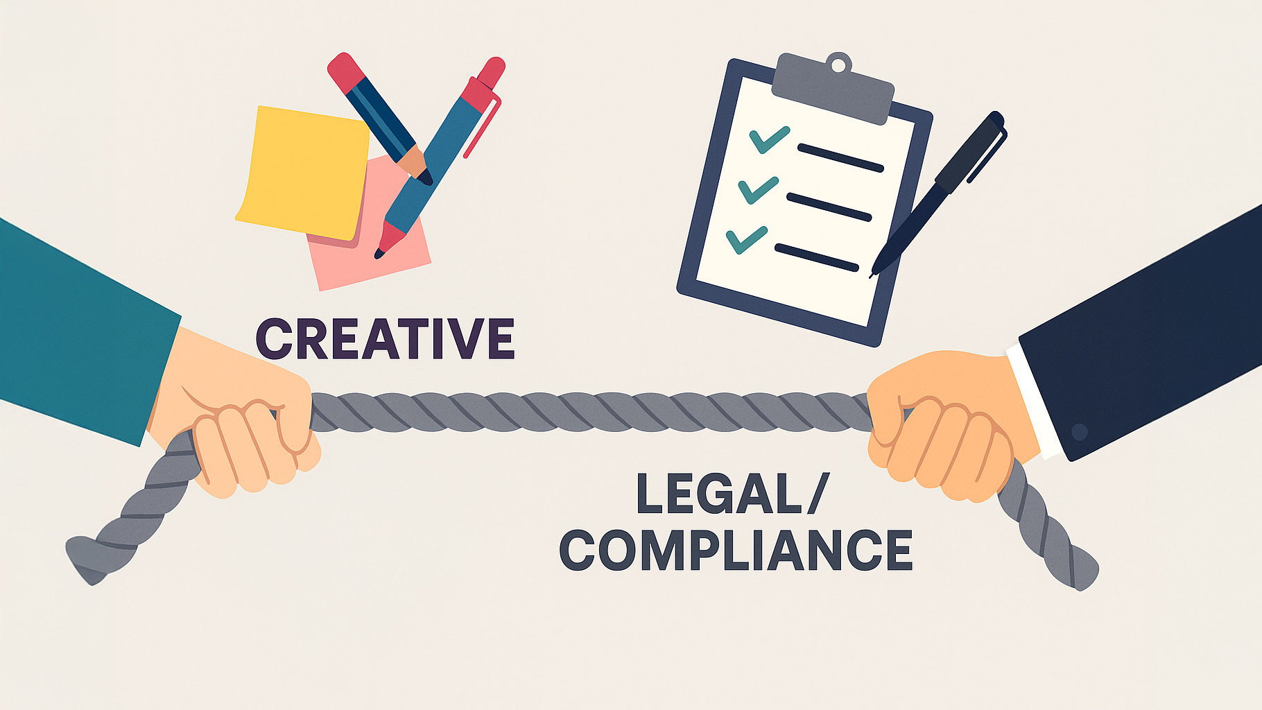 Creative and compliance teams pulling in opposite directions over brand messaging — conceptual tug of war between colourful creative tools and legal documents.