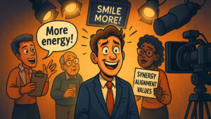 Cartoon-style illustration of a nervous business leader standing under bright studio lights surrounded by colleagues giving conflicting advice — one holding a clipboard, another flashing jargon cue cards like “Synergy” and “Alignment,” while a microphone dangles overhead. A humorous look at the struggle for authenticity in corporate video communication.