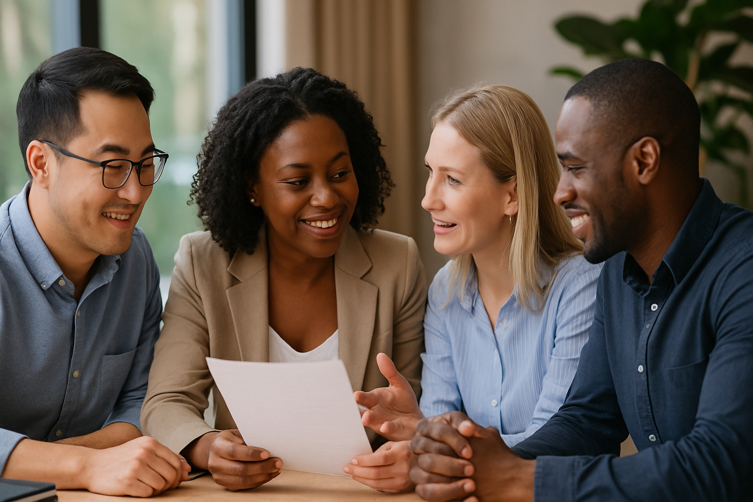 A group of professionals from different backgrounds engaged in a relaxed, collaborative conversation around a creative project in a modern workspace, symbolising inclusive storytelling and teamwork.