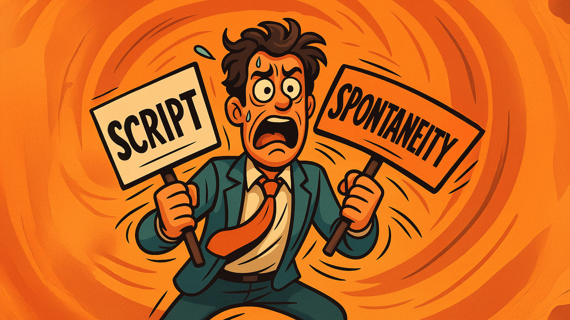 Cartoon illustration of a marketing director choosing between script or spontaneity in video production, showing creative tension before filming.