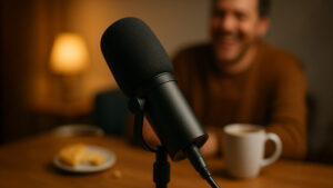 Close-up of a podcast microphone in a warm, relaxed studio setting, with a laughing guest blurred in the background and coffee on the table.