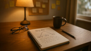 A warm, cosy desk scene with an open notebook showing a simple story arc, glasses, a coffee mug and a soft desk lamp. A realistic workspace symbolising brand storytelling planning and creative reflection.