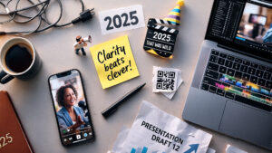 Flat lay desk scene showing video editing tools, analytics, notes, and a small clapperboard with a party hat — symbolising the year in video marketing.