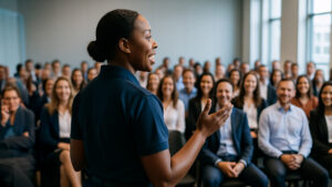 A professional woman in workplace uniform confidently speaking to a large audience in a conference room, viewed from behind her perspective.