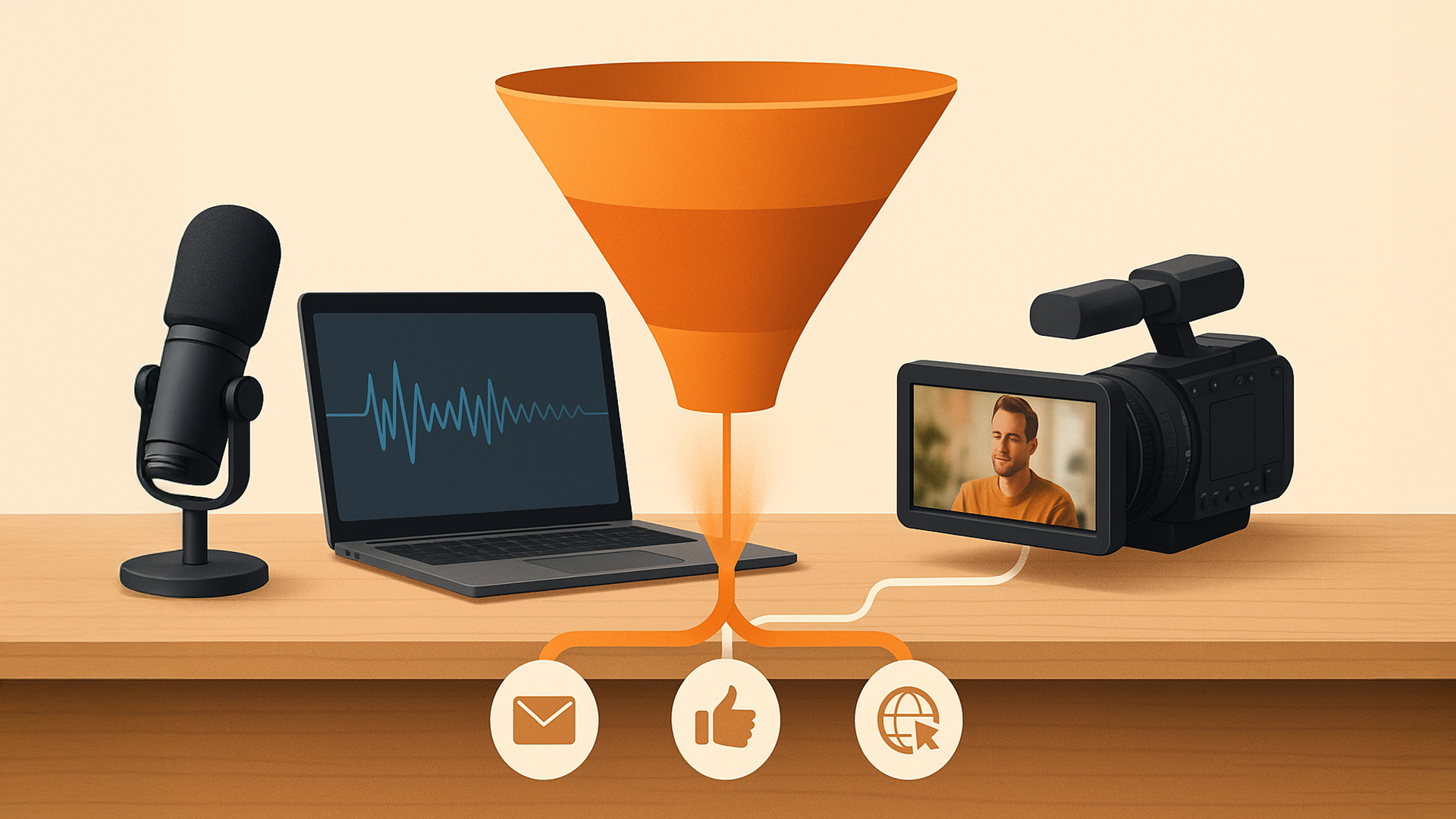 Illustration of a podcast microphone, laptop audio waveform and video camera feeding into a central marketing funnel, symbolising integrated podcast and video strategy.