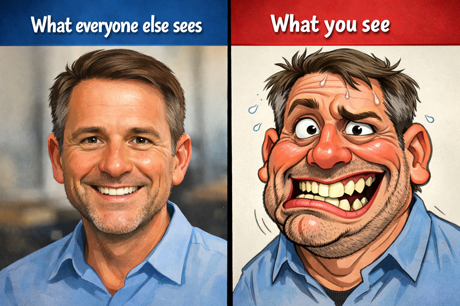 Split image showing a normal smiling face beside an exaggerated self-critical caricature, illustrating distorted self-perception when watching yourself on camera.