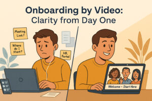 Split-screen illustration showing a confused hybrid worker during messy onboarding on the left, and a calm worker watching a clear onboarding video on the right with the text “Onboarding by Video: Clarity from Day One.”