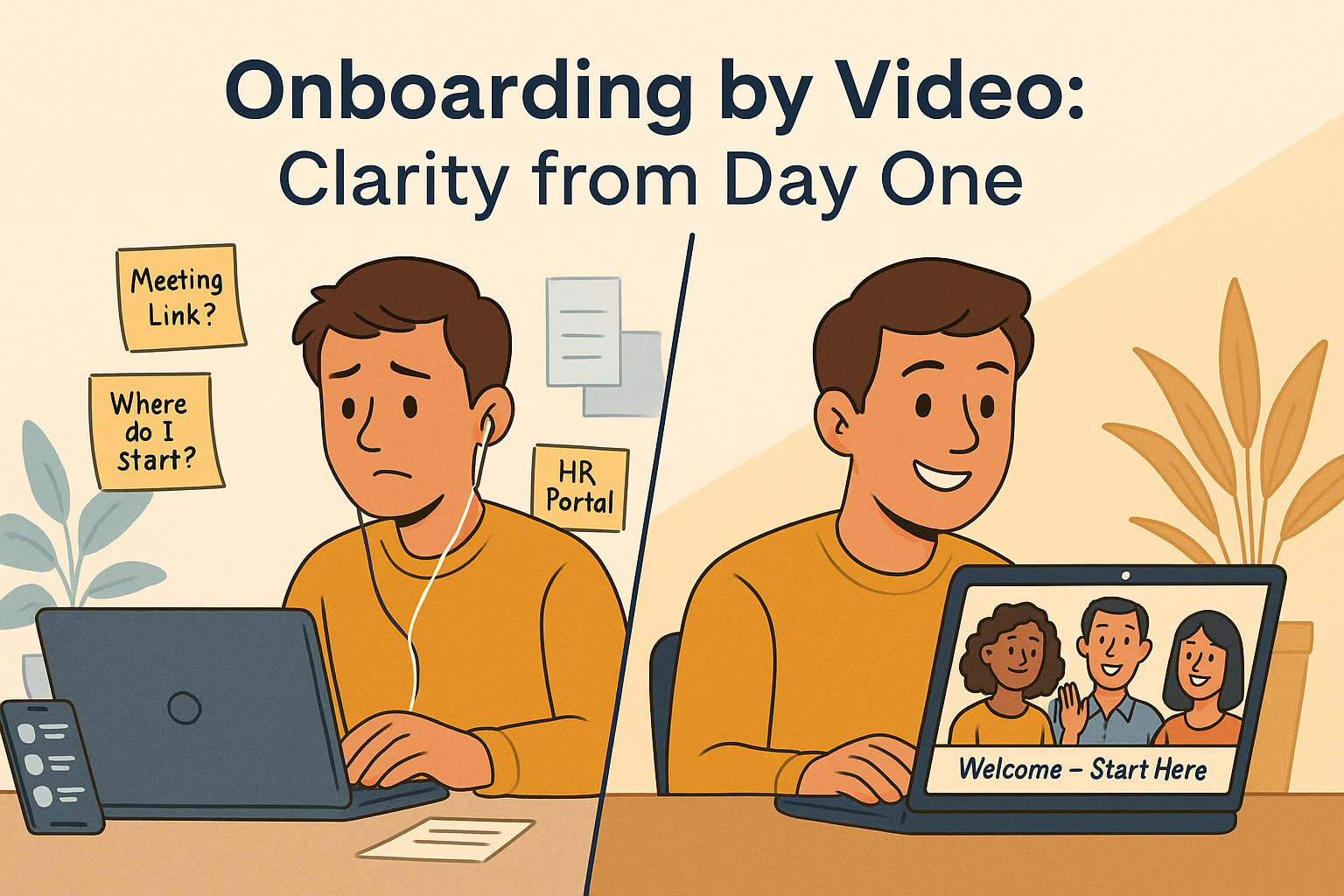Split-screen illustration showing a confused hybrid worker during messy onboarding on the left, and a calm worker watching a clear onboarding video on the right with the text “Onboarding by Video: Clarity from Day One.”